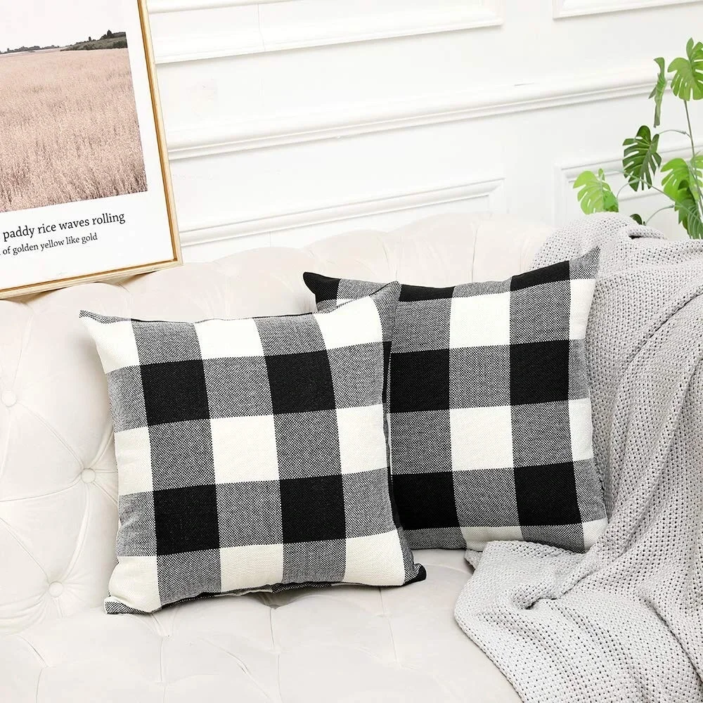2 Retro Cotton | Linen Farmhouse Decorative Buffalo Check Plaid Throw Covers